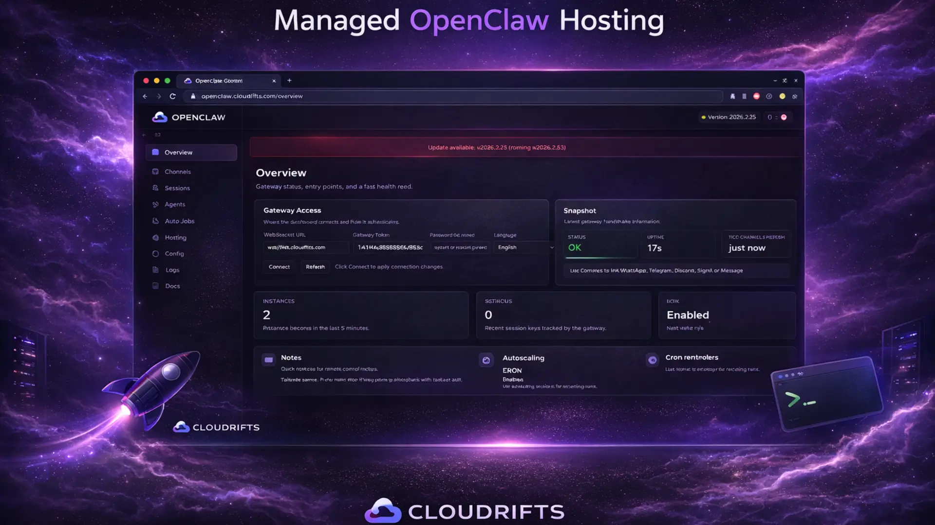 Cloudrifts one-click OpenClaw hosting dashboard preview on managed VPS infrastructure